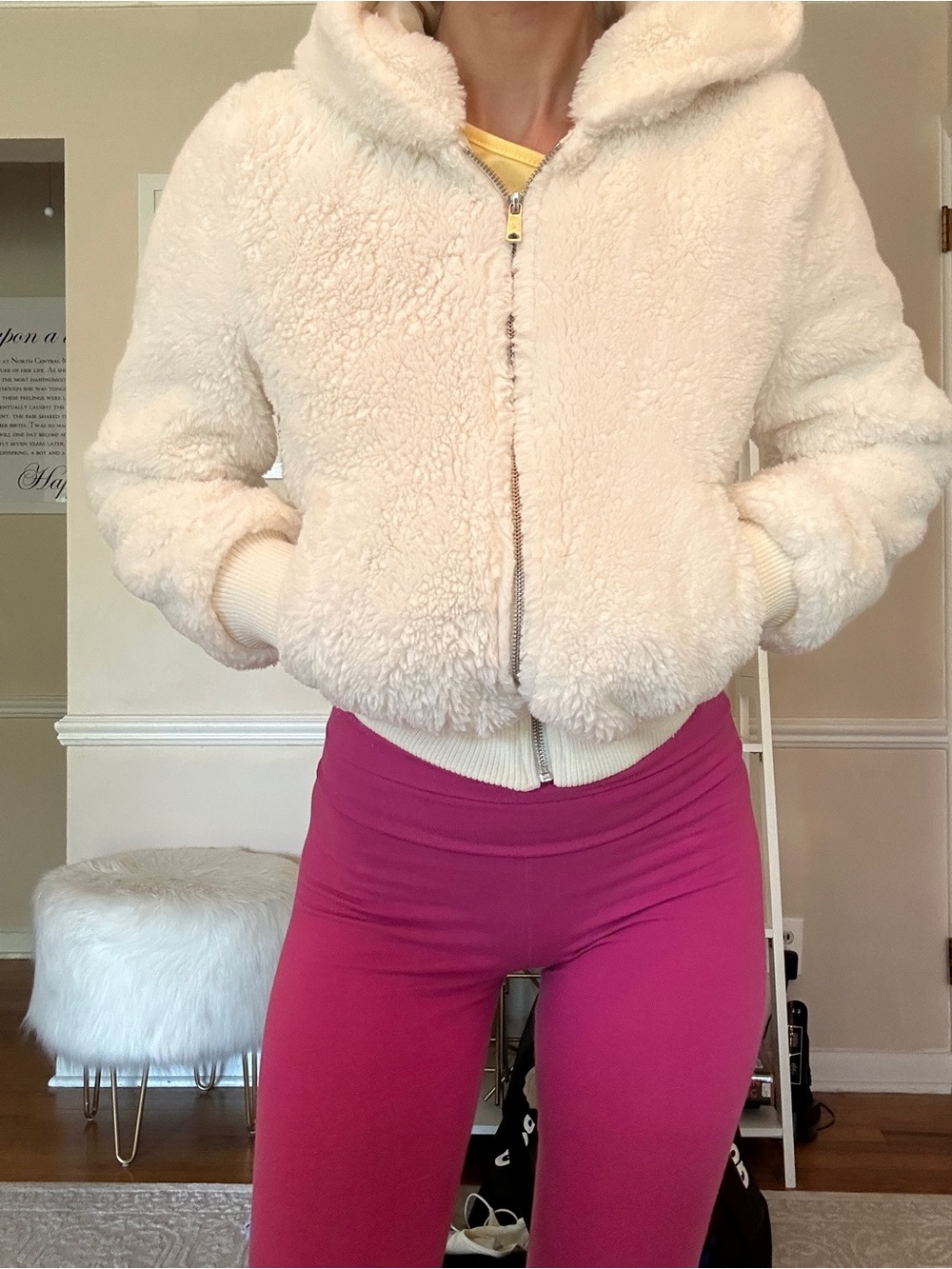 Love Tree Cream Hooded Faux Fur Zip Jacket